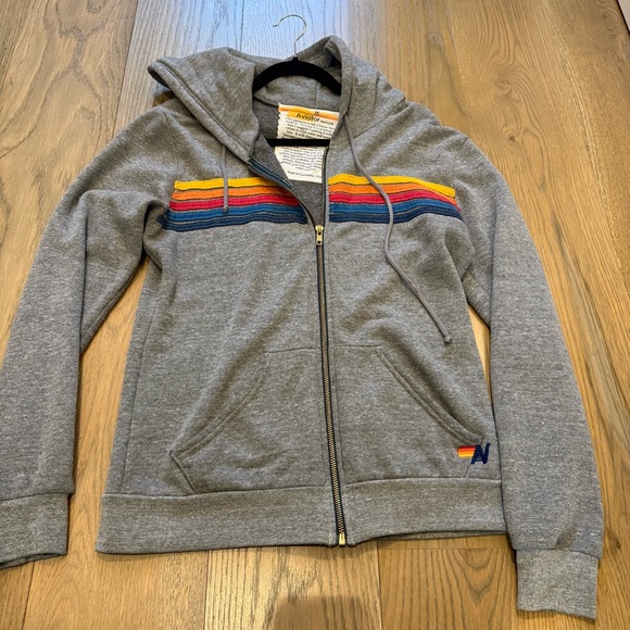 Aviator Nation Gray Zip-Up Sweater with Colorful Stripes - Picture 4 of 5